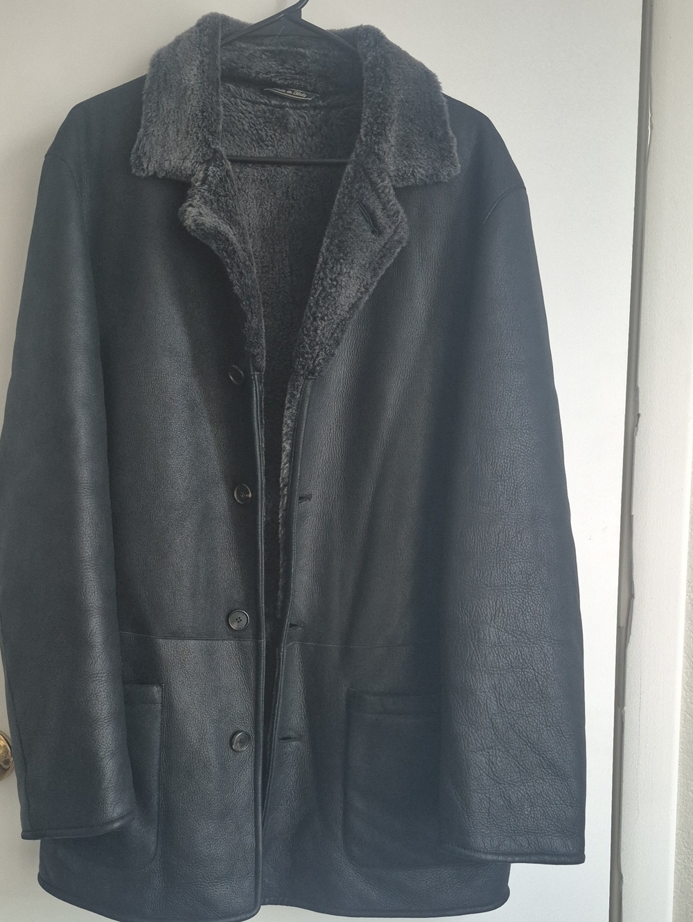 Lanvin Black Shearling-Trim Leather Pea Coat